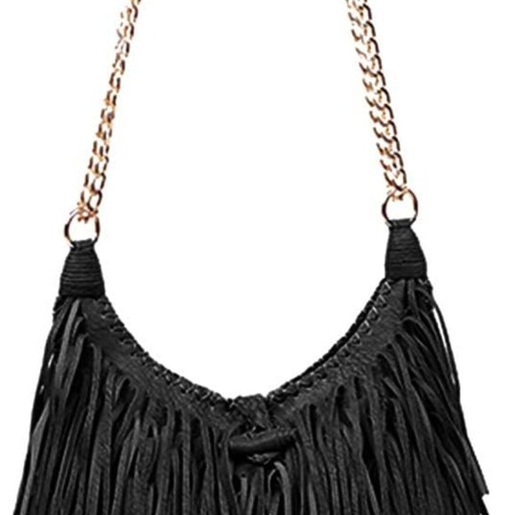 Women's Fringed Faux Suede Leather Cross Body Bag Chain Shoulder Bag Tassel Hand - Picture 1 of 6